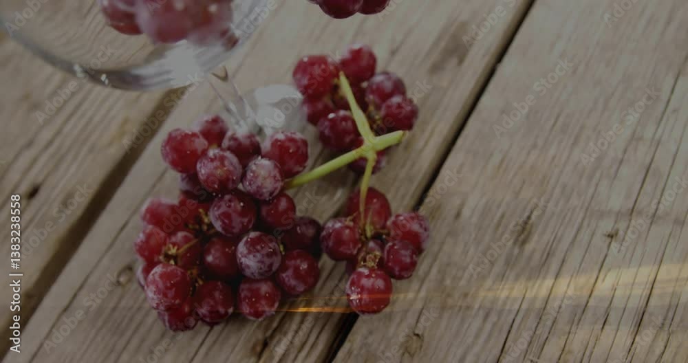 Washing red grapes with water on rustic wooden surface, animation style