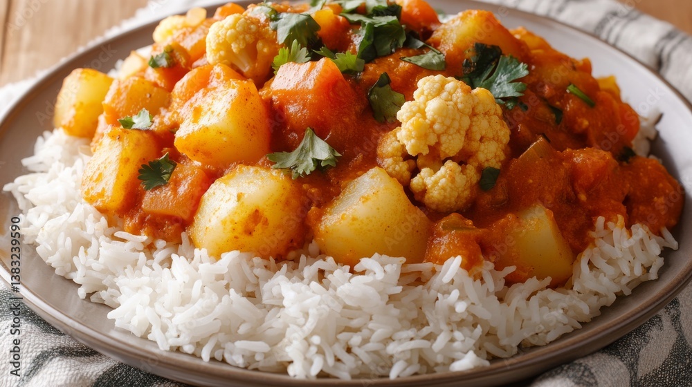 Indian vegetable curry with rice close-up
Indian vegetable curry with rice close-up