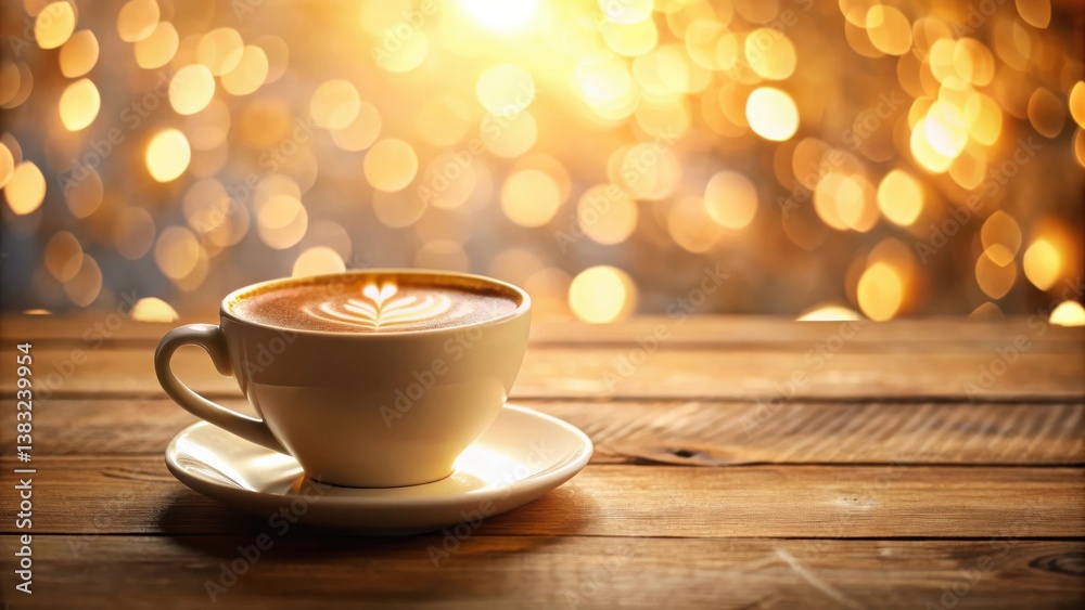 Obraz premium Aromatic Coffee Delight Warm Beverage in a Ceramic Cup on Rustic Wooden Table with Festive Background