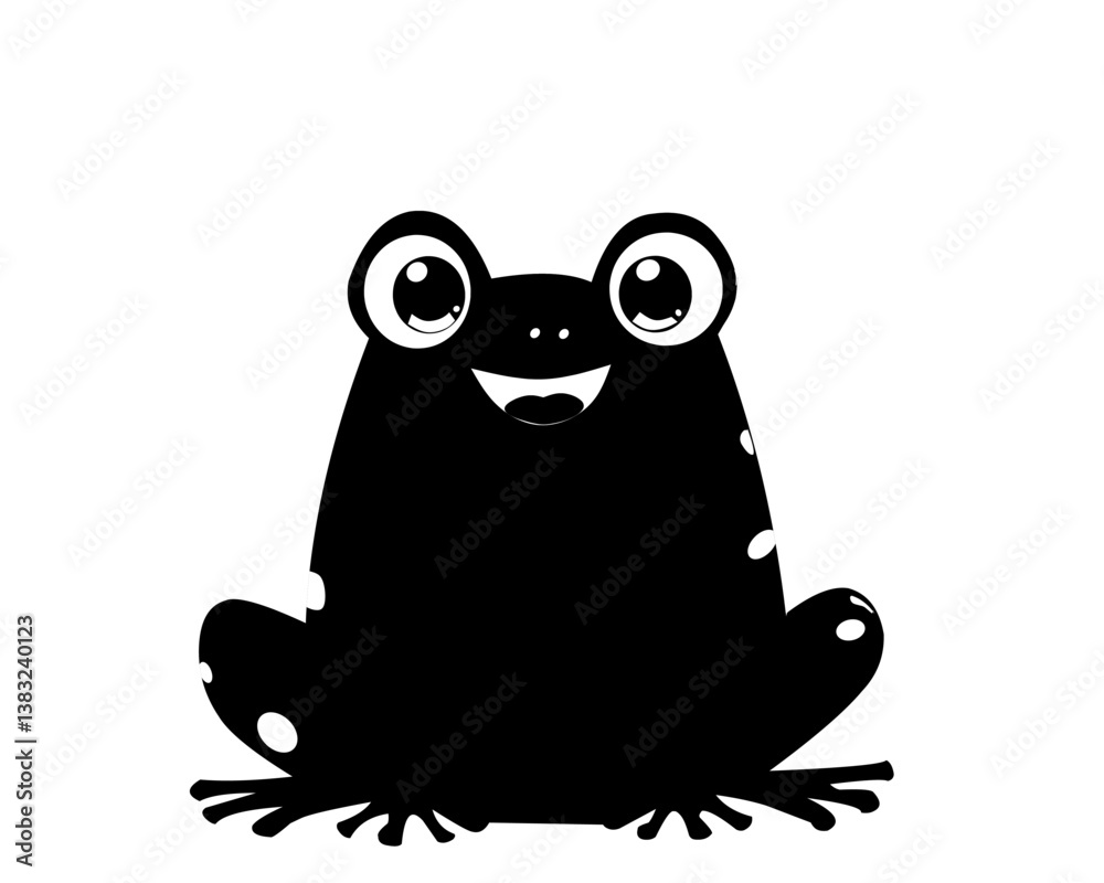 Fototapeta premium cute black and white silhouette illustration of a happy frog sitting. The frog has large, round eyes and a cheerful smile, making it ideal for minimalist designs, nature-related graphics, educational 