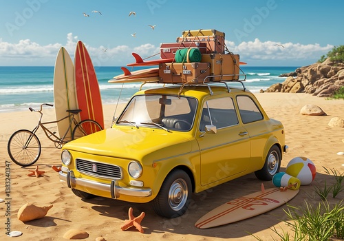 A sunny beach getaway packed into a cheerful yellow vintage car, ready for surfing adventures under a vibrant sky with surfboards and luggage on top.