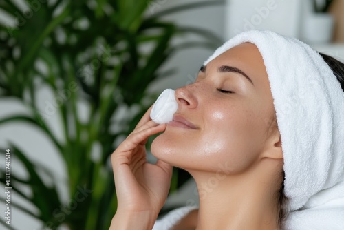 In this serene moment, a woman applies a facial product tenderly, illustrating the beauty and comfort found in a personal skincare ritual. photo