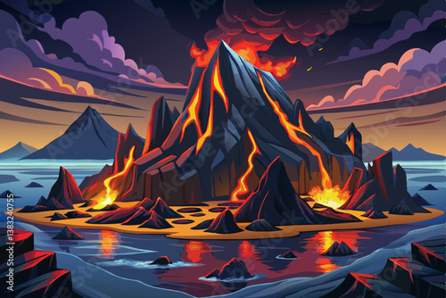 volcanic rocky island with jagged black cliffs, crashing waves and eerie moonlight, volcanic landscape