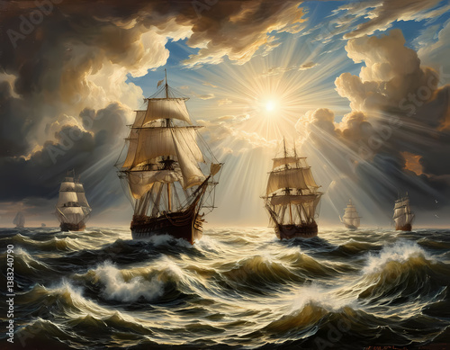 Dramatic sailing ships navigating turbulent ocean waters  