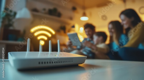 Family Enjoying Technology at Home with Router and WiFi Symbol