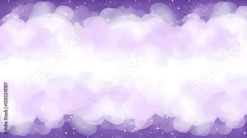 Painted clouds and stars float across a purplish atmospheric sky