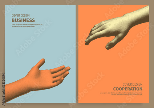 Template for an invitation to a business event, conference or workshop. Hands reaching towards each other. Concept of human relation, togetherness or  partnership. Vector for flyer, cover or brochure.