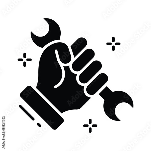 Modern glyph style icon depicting hand holding spanner