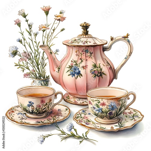 Elegant pastel vintage tea set with floral detailing