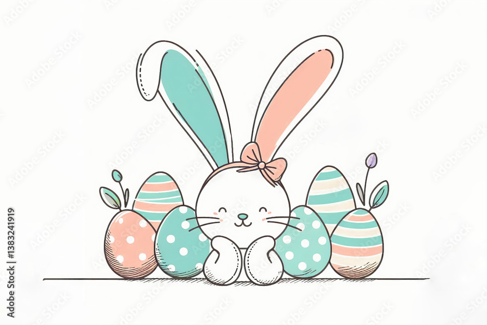 Obraz premium Easter bunny with pastel-colored ears and a cute bow. Easter celebration.