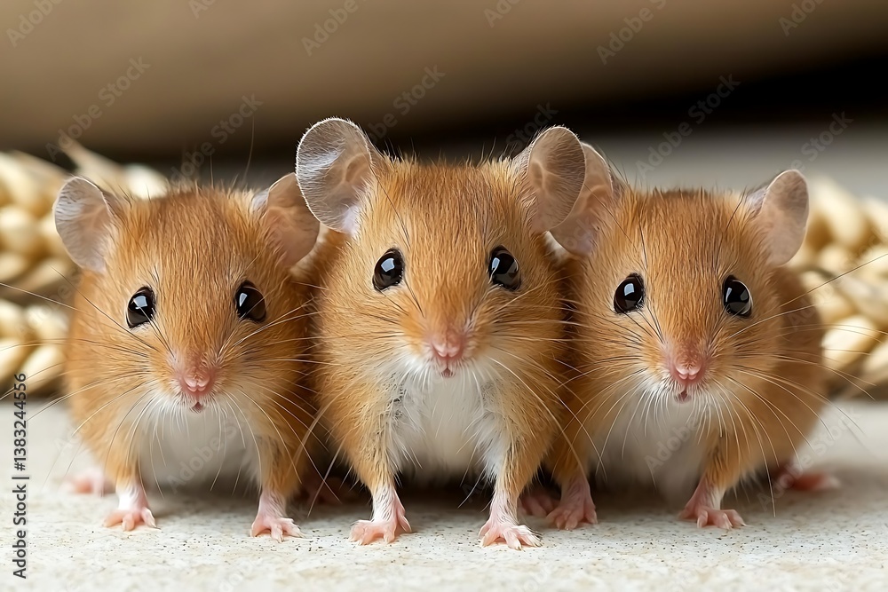 Three Cute Mice with Wheat Background.