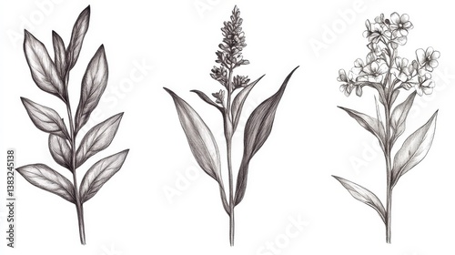 Botanical harmony: a trio of detailed floral sketches in delicate graphite rendering.