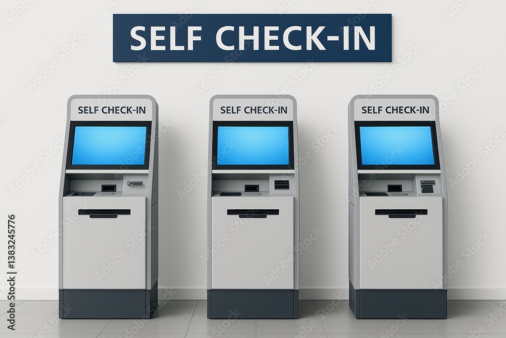 three modern self check-in kiosks placed in a row against a plain white wall. three modern self check-in kiosks placed in a row against a plain white wall.
