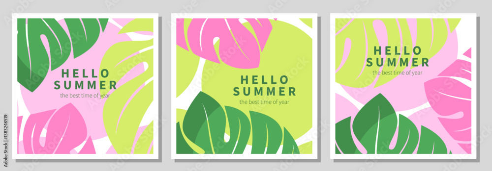 Hello Summer. Tropical summer abstract background. Design with jungle leaves. Vector illustration for banner, poster, cover, sales Hello Summer. Tropical summer abstract background. Design with jungle leaves. Vector illustration for banner, poster, cover, sales