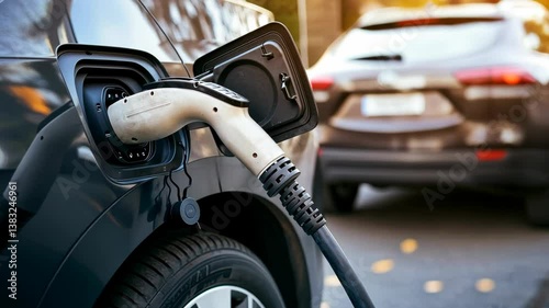 Electric vehicle charging station at sunset with modern car in background