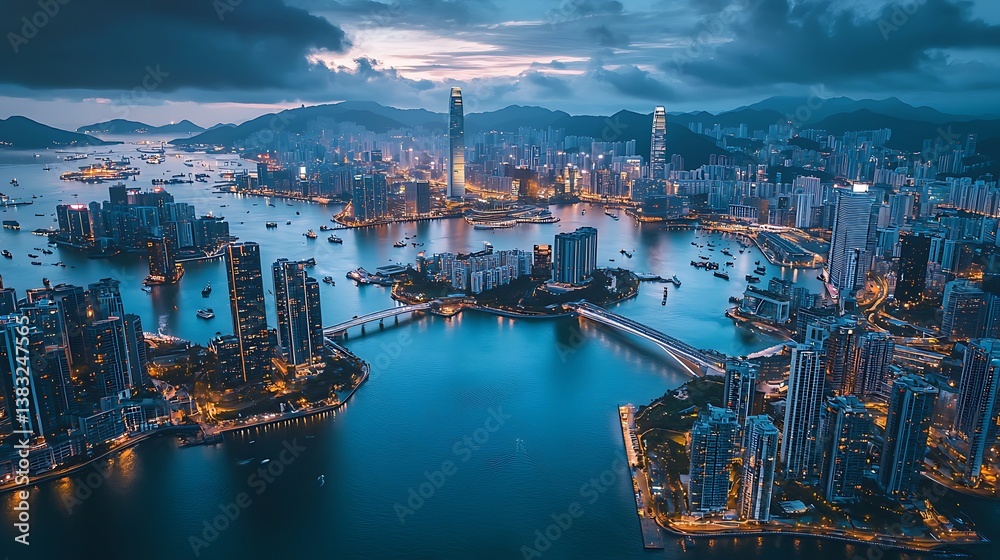 Stunning Aerial View of Hong Kong Cityscape at Dusk with Illuminated Buildings Stunning Aerial View of Hong Kong Cityscape at Dusk with Illuminated Buildings