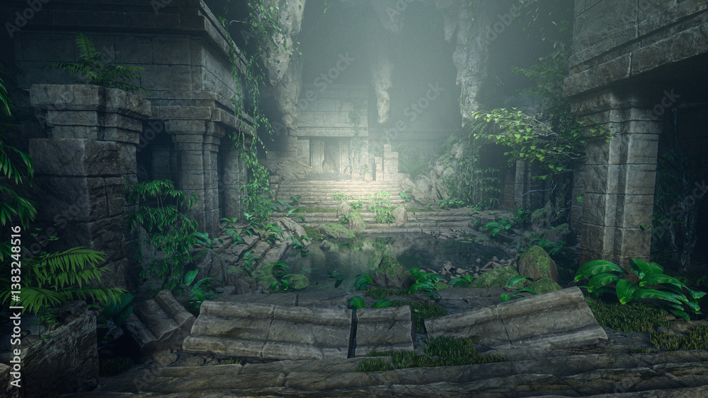 Fototapeta premium Fantasy underground temple ruins in a mountain cave with crumbling stone architecture overgrown with vegetation. 3D illustration.