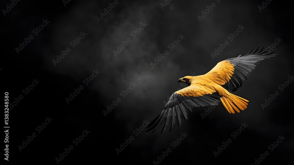 Fototapeta premium Golden Bird Soaring Through Dark Clouds
