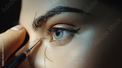 Precision: a close-up of an eye enhancement procedure with dark eyeliner and careful touch.
