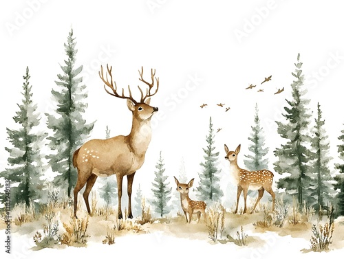 A majestic deer and its two adorable fawns stand proudly in a serene watercolor forest scene with evergreen trees.