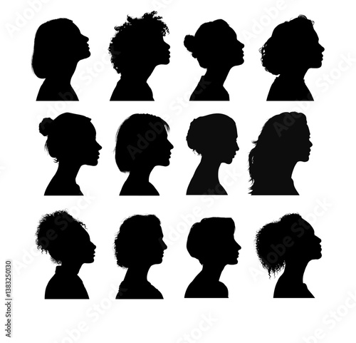 Set of young woman profile silhouette, beautiful girl - vector illustration	