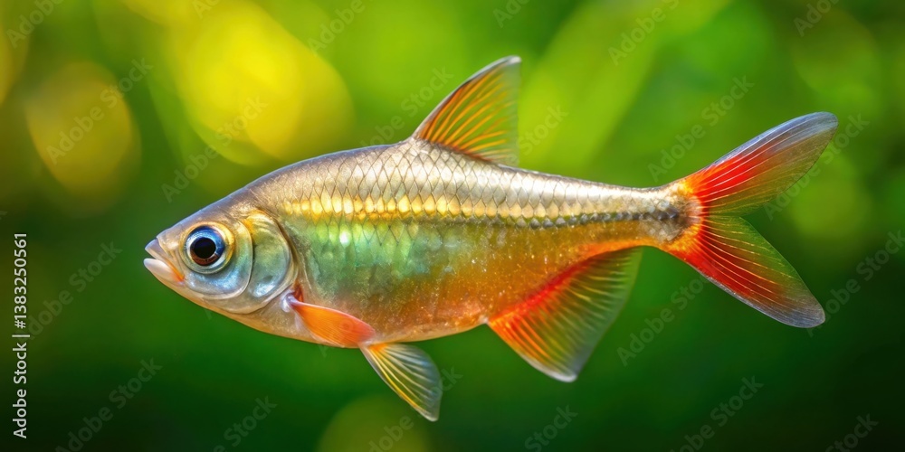 A vibrant aquatic creature, showcasing iridescent scales and striking orange fins, gracefully swims amidst a verdant underwater backdrop A vibrant aquatic creature, showcasing iridescent scales and striking orange fins, gracefully swims amidst a verdant underwater backdrop