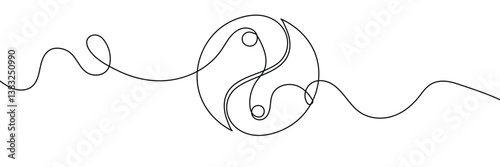 One continuous line drawing of Yin yang symbol sign. Tattoo design. Editable stroke. Outline vector illustration