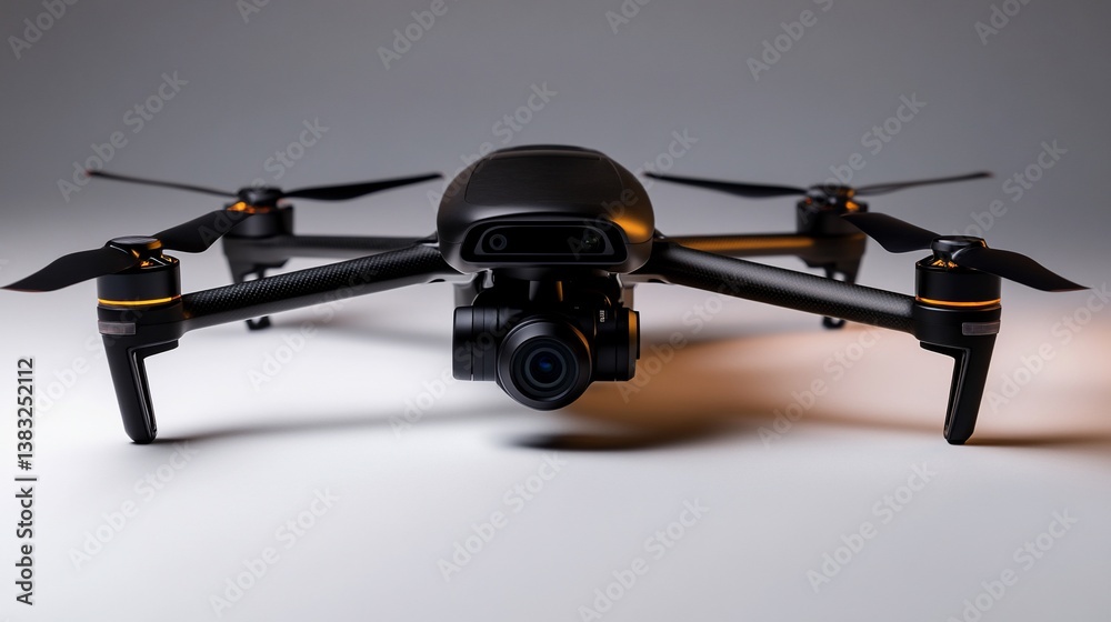Sleek Black Drone with Advanced Camera System on Gray Background for Aerial Imaging Sleek Black Drone with Advanced Camera System on Gray Background for Aerial Imaging
