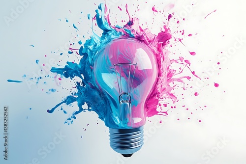 Creative Light Bulb with Exploding Blue and Pink Paint Splash on White Background