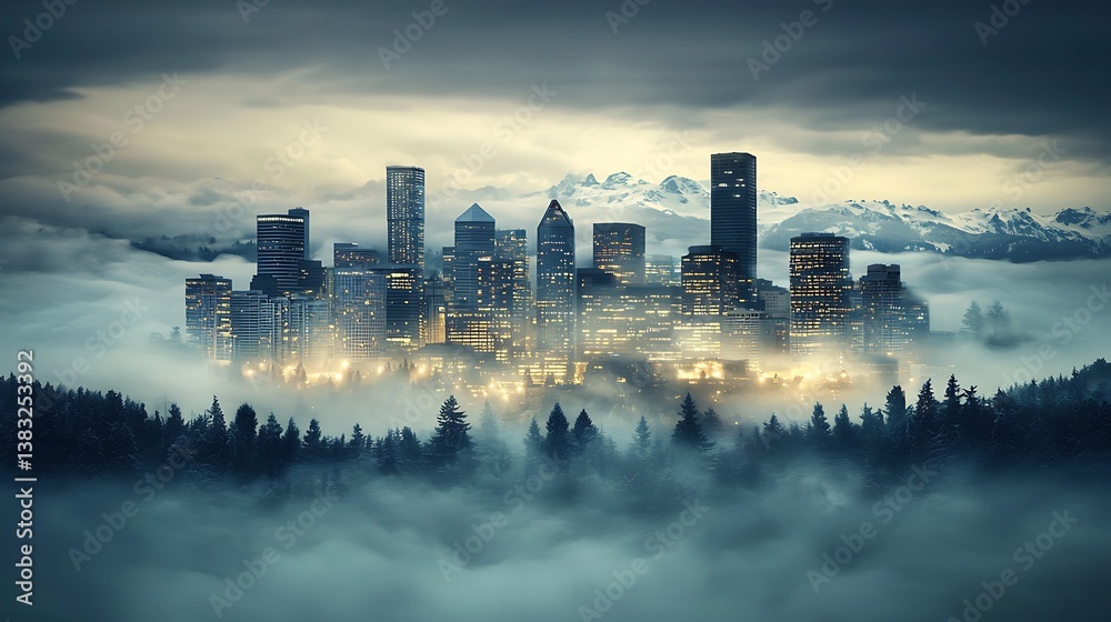 Fototapeta premium Spectacular Seattle Skyline Emerging from Dense Fog with Mountain Backdrop