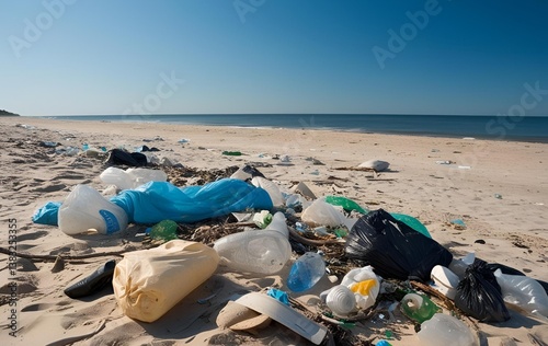 View of a polluted beach, Garbage and plastics on the beach
