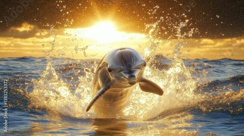 Dolphin gracefully leaping out of golden water at sunset