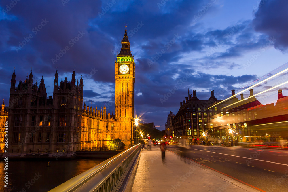 The Big Ben, the Parliament the Westminster bridge at night, London, England