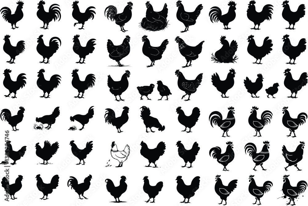 Naklejka premium Roosters, Hens, and Chickens Silhouette | Rural Farm Animals and Domestic Bird Illustration Roosters, Hens, and Chickens Silhouette | Farm Birds and Poultry Vector Collection