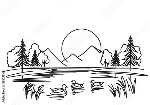 Sketch landscape with ducks silhouette swimming on lake, doodles line