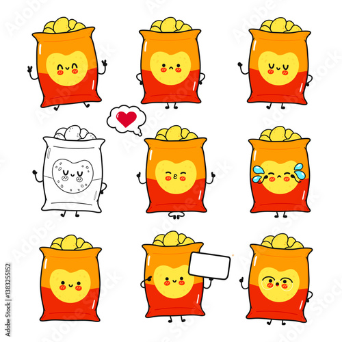 Charming and expressive cartoon chip bags, full of emotion and playful personality on a white backdrop.