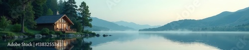 Secluded lakeside cabin, minimalist design, surrounded by trees Isolated vector illustration , landscape, rustic, nature