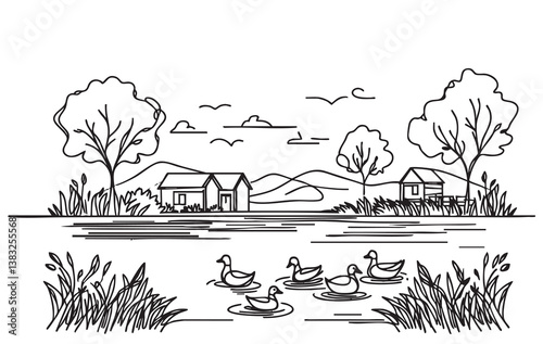 Sketch landscape with ducks silhouette swimming on lake, doodles line