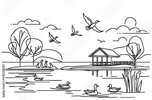 Sketch landscape with ducks silhouette swimming on lake, doodles line