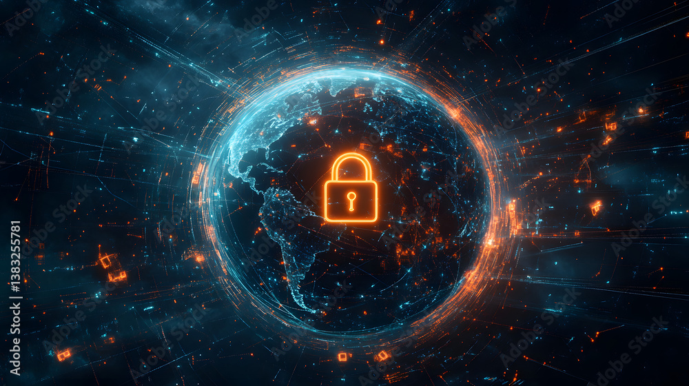 Obraz premium Cybersecurity lock glowing on digital Earth, data protection concept with futuristic technology, global internet safety, secure network, firewall system, encryption defense