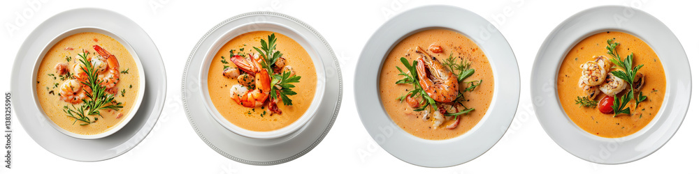 Creamy seafood shrimp soup served in elegant porcelain plates Creamy seafood shrimp soup served in elegant porcelain plates