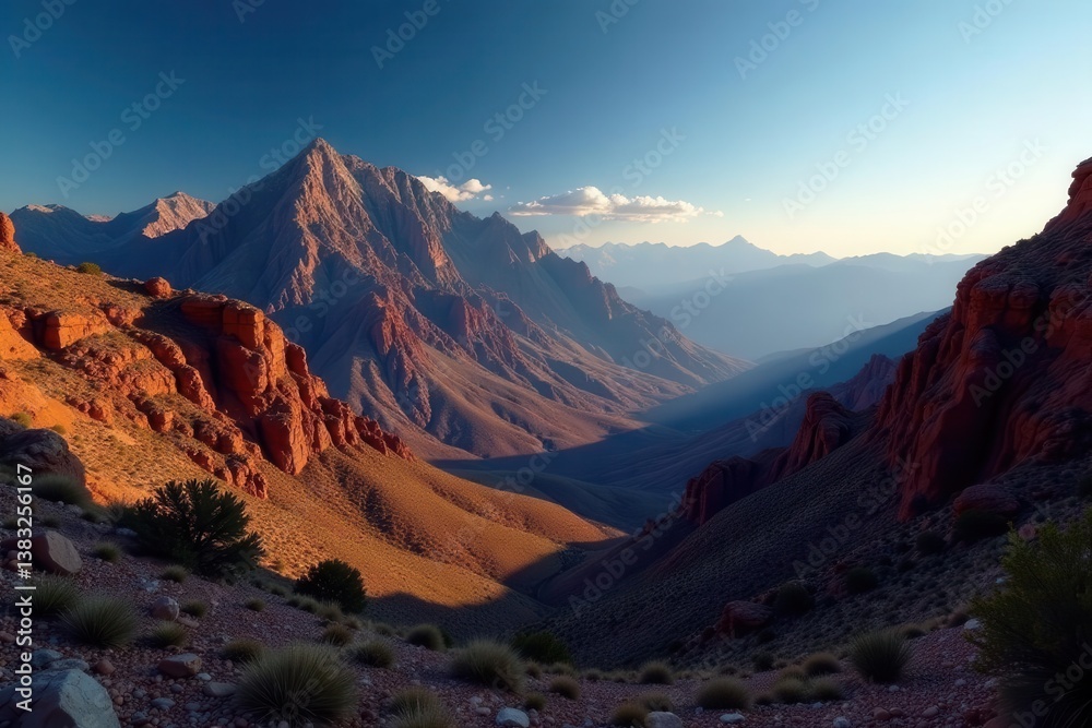 Fototapeta premium Sharp, shadowed New Mexico mountain ridge; dramatic light , NM, rock, dusk
