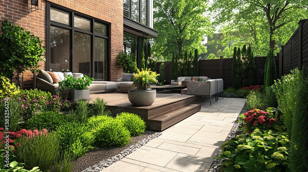 Obraz premium Contemporary home with a patio, elegantly furnished outdoor spaces, digitally visualized using generative AI. -