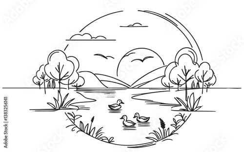 Sketch landscape with black ducks silhouette swimming on lake, doodles line