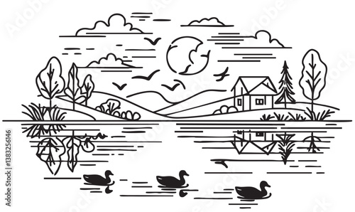Sketch landscape with black ducks silhouette swimming on lake, doodles line