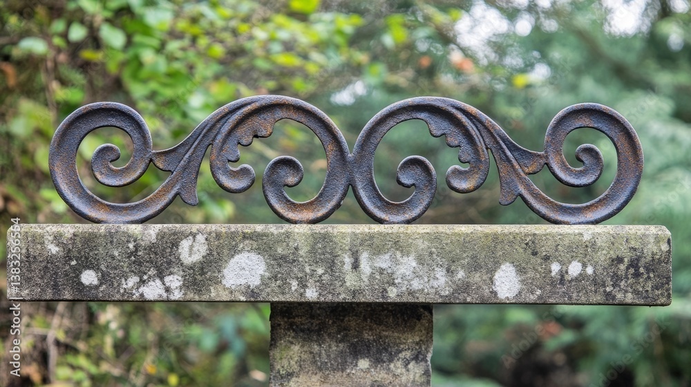 Weathered iron scrollwork resting on moss-covered stone, framed by verdant foliage in a timeless garden setting.