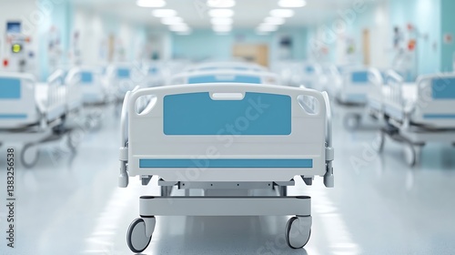 Empty Hospital Room with Rows of Beds: Preparing Healthcare Facilities for Patient Care and Recovery.