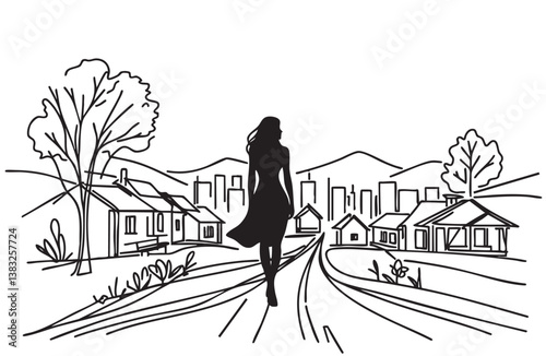 Woman black silhouette walking on village road, sketch, doodles