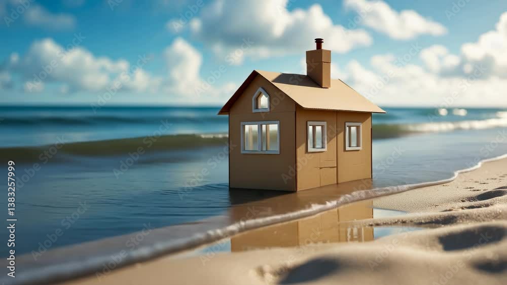 Close-up views of small house models on sand under sunlight with a backdrop.