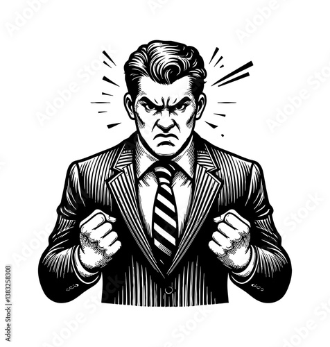 Angry Businessman Clenching Fists with Intense Expression in Black and White Detailed Illustration
